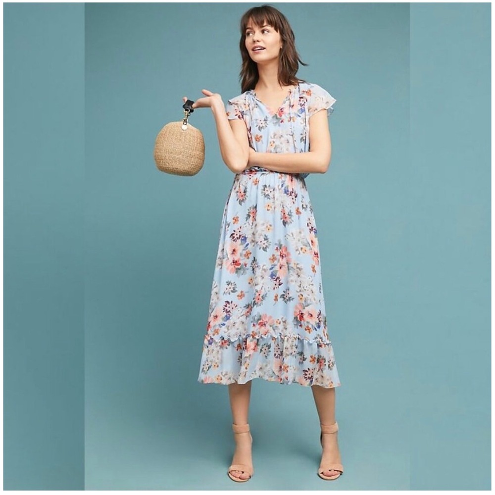 Anthropologie Shoshanna Analise Dress Size 12 Blue Floral Wedding Guest Pastel